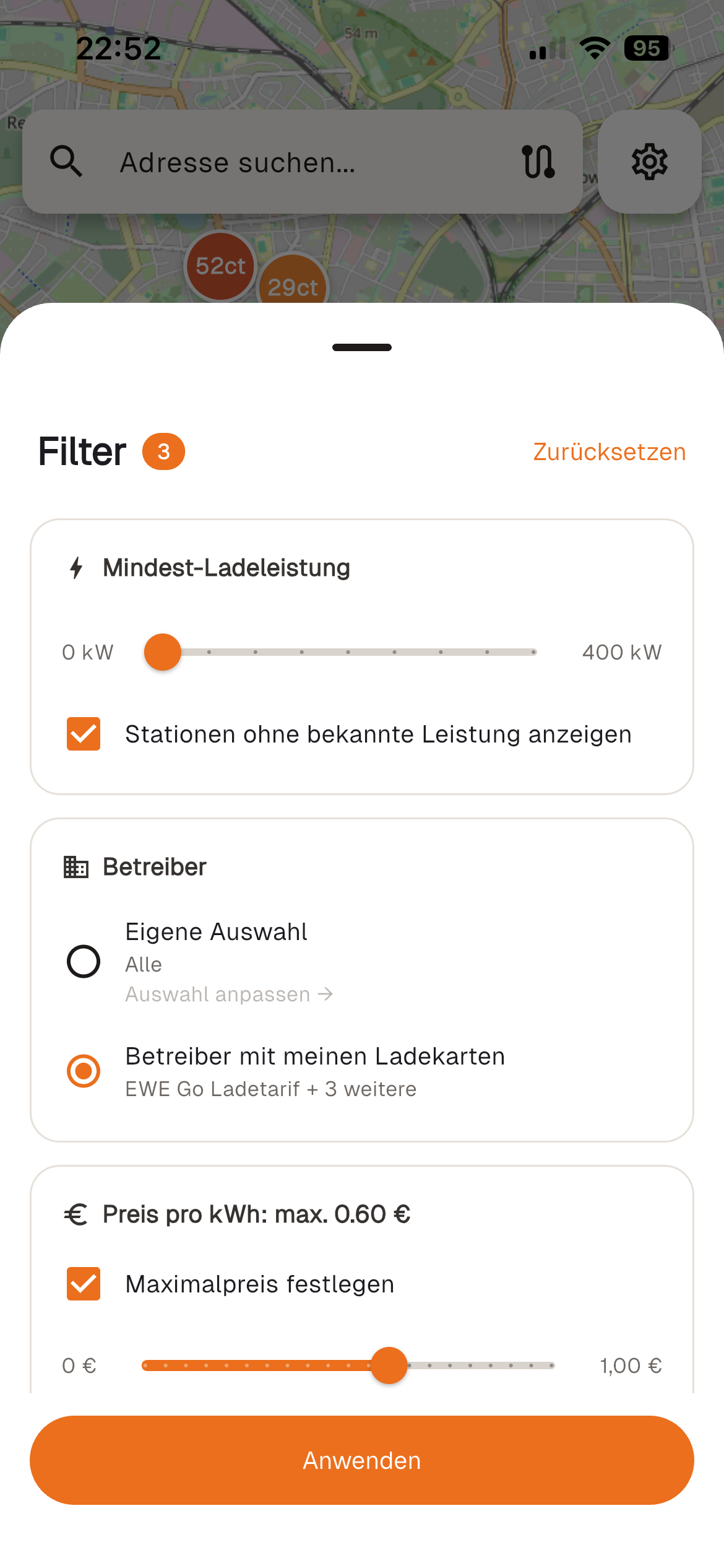 Filter nach Ladeleistung, eigenen Ladekarten und Maximalpreis